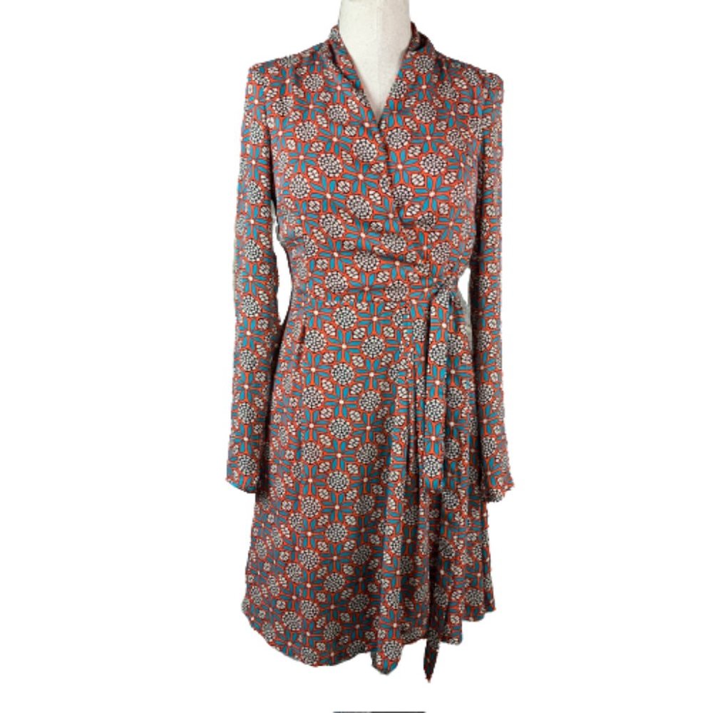 Ark & Co MOD Retro Orange & Teal Floral Print Wrap Dress size Medium